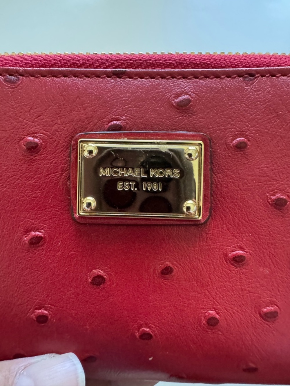 Michael Kors Red Ostrich Leather Small Wallet Wristlet Zip Around - Picture 4 of 8